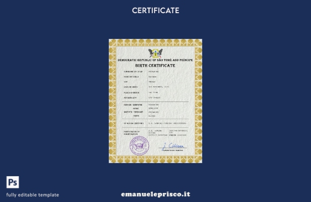 modello PSD del certificato di nascita dello stato di stato di Sao Tomé e Princi